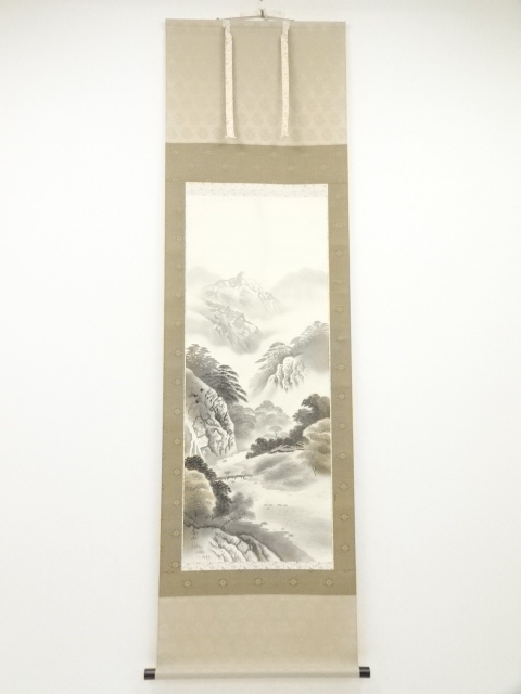 水墨画 春雪画　山水画 掛け軸　肉筆　絹本　古物 道具 ] - 道具 茨木春山筆 水墨山水 肉筆絹本掛軸（共箱